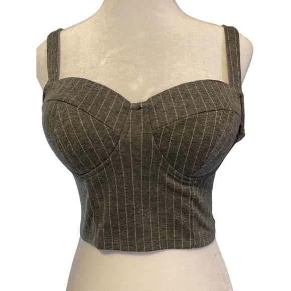 Haute Monde Bustier Top Gray Stripes Adjustable Straps Cropped Padded Top Small - Picture 2 of 12